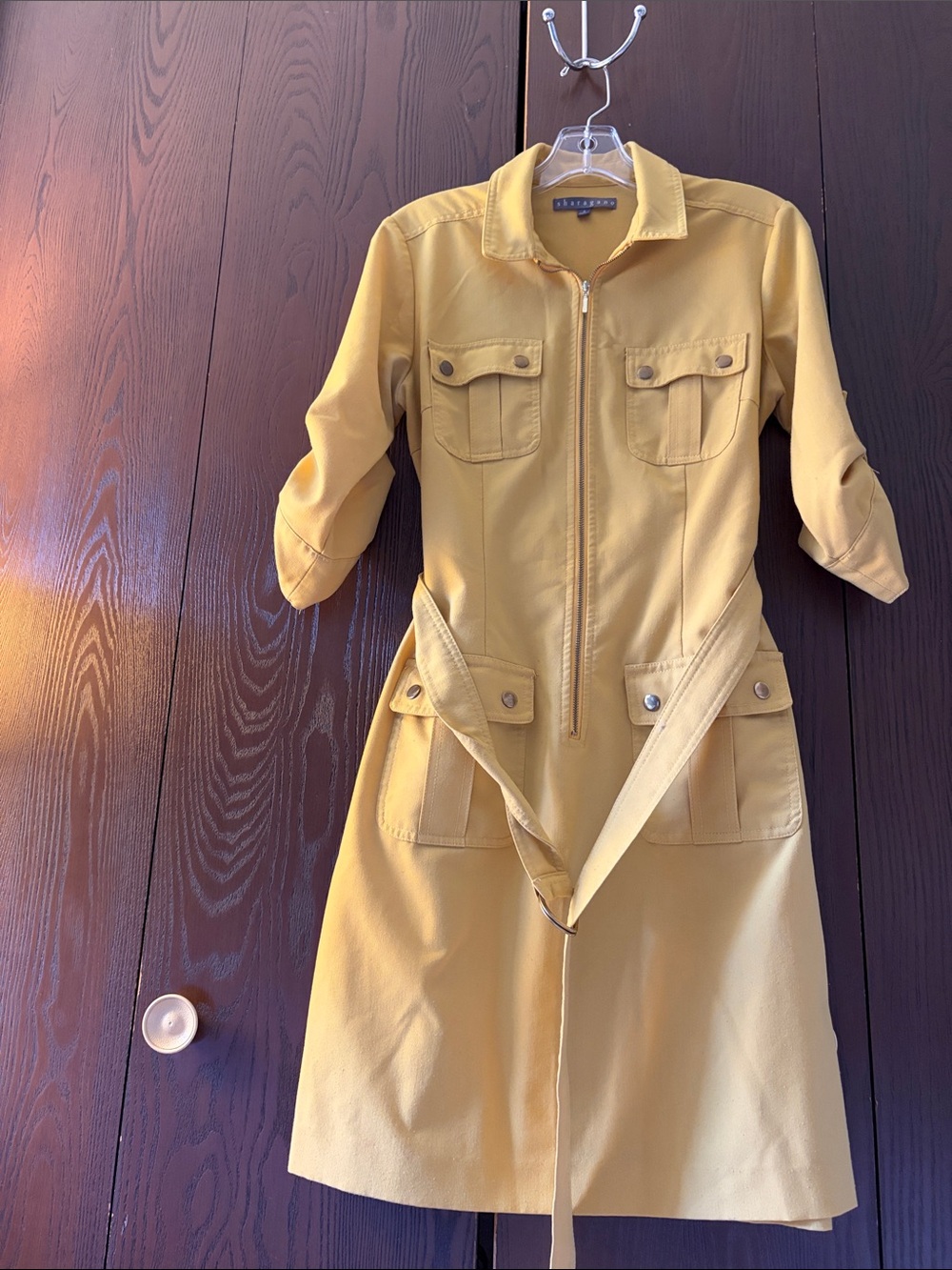 Sharagano Mustard Midi  Utility Trench Dress with Belt. Size 6